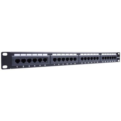 Patch panel κατηγορίας CAT 5e UTP, 24 θυρών σε μαύρο χρώμα. Patch panel κατηγορίας CAT 5e UTP, 24 θυρών σε μαύρο χρώμα.