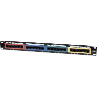 Patch panel κατηγορίας CAT 5e UTP, 24 θυρών χωρισμένων σε 4 εξάδες διαφορετικών χρωματισμών για την πιο εύκολη ομαδοποίηση της καλωδίωσης σας. Patch panel κατηγορίας CAT 5e UTP, 24 θυρών χωρισμένων σε 4 εξάδες διαφορετικών χρωματισμών για την πιο εύκολη ομαδοποίηση της καλωδίωσης σας.