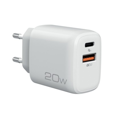 Universal οικιακός φορτιστής USB-A QC3.0 & USB-C PD3.0 20W, σε λευκό χρώμα. Universal οικιακός φορτιστής USB-A QC3.0 & USB-C PD3.0 20W, σε λευκό χρώμα.