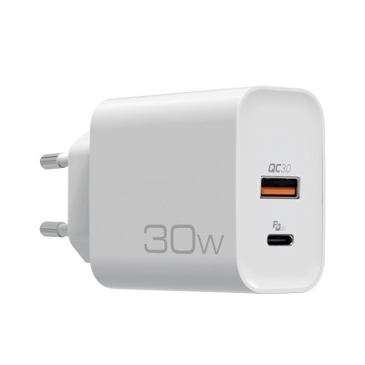 Universal οικιακός φορτιστής USB-A QC3.0 & USB-C PD3.0 30W, σε λευκό χρώμα. Universal οικιακός φορτιστής USB-A QC3.0 & USB-C PD3.0 30W, σε λευκό χρώμα.