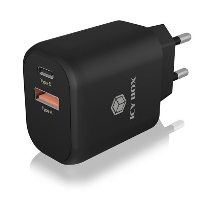 Universal φορτιστής με 2 εξόδους USB-A & USB-C, 3.0A, για συσκευές έως 20W σε μαύρο χρώμα.