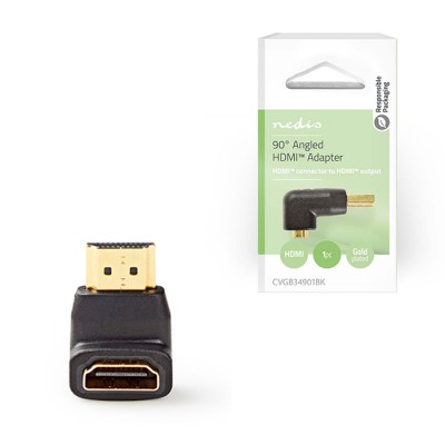 Αντάπτορας HDMI αρσ. - HDMI θηλ. υπό γωνία 90°, σε μαύρο χρώμα.
