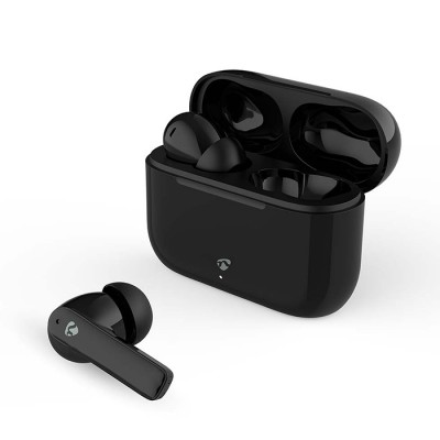 Bluetooth ακουστικά handsfree με θήκη φόρτισης και λειτουργία environmental noise cancelling (ENC), σε μαύρο χρώμα.
