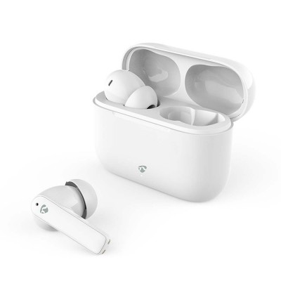 Bluetooth ακουστικά handsfree με θήκη φόρτισης και λειτουργία environmental noise cancelling (ENC), σε λευκό χρώμα.