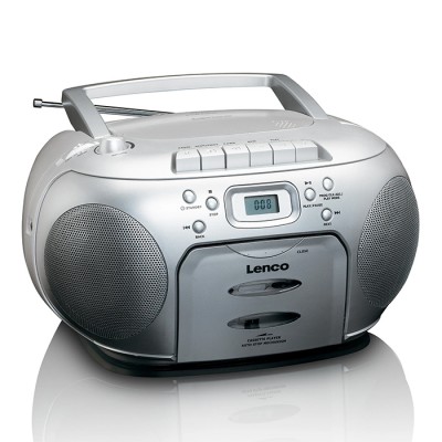 Φορητό ραδιόφωνο με CD, κασέτα και οθόνη LCD, σε ασημί χρώμα.