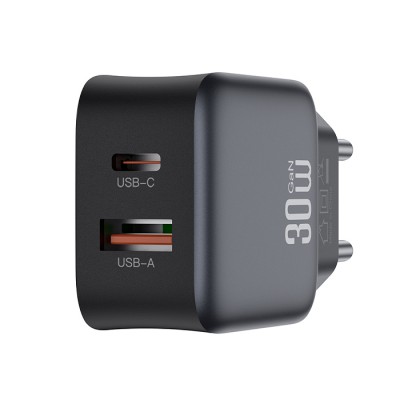Universal φορτιστής με 2 εξόδους, 1xUSB-A & 1xUSB-C, PD30W & QC18W σε μαύρο χρώμα Universal φορτιστής με 2 εξόδους, 1xUSB-A & 1xUSB-C, PD30W & QC18W σε μαύρο χρώμα