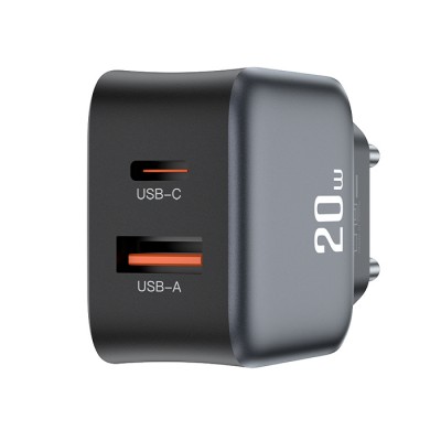 Universal φορτιστής με 2 εξόδους, 1xUSB-A & 1xUSB-C, PD20W & QC18W σε μαύρο χρώμα Universal φορτιστής με 2 εξόδους, 1xUSB-A & 1xUSB-C, PD20W & QC18W σε μαύρο χρώμα