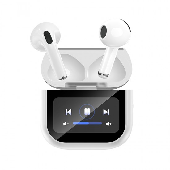 Bluetooth ακουστικά handsfree με θήκη φόρτισης και οθόνη, σε λευκό χρώμα Bluetooth ακουστικά handsfree με θήκη φόρτισης και οθόνη, σε λευκό χρώμα