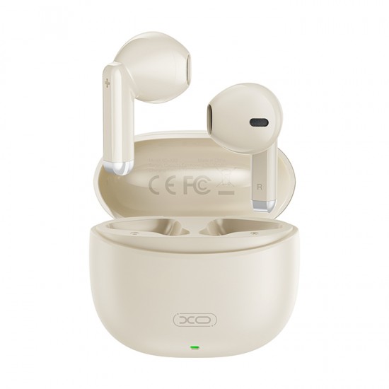 Bluetooth ακουστικά handsfree με θήκη φόρτισης, σε μπεζ χρώμα