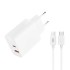Universal φορτιστής με 2 εξόδους, 1x USB-A & 1x USB-C, PD20W / QC18W και αποσπώμενο καλώδιο USB type-C σε λευκό χρώμα