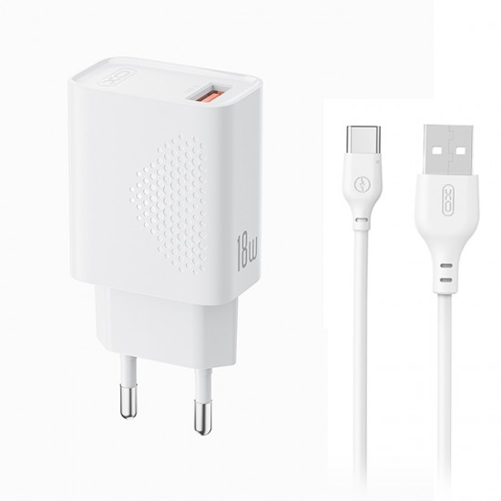 Universal φορτιστής USB-A, 18W και αποσπώμενο καλώδιο USB type-C σε λευκό χρώμα