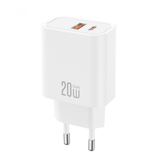 Universal φορτιστής με 2 εξόδους, 1x USB-A & 1x USB-C, 20W σε λευκό χρώμα Universal φορτιστής με 2 εξόδους, 1x USB-A & 1x USB-C, 20W σε λευκό χρώμα