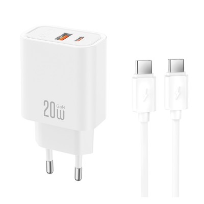 Universal φορτιστής με 2 εξόδους, 1x USB-A & 1x USB-C, 20W με αποσπώμενο καλώδιο USB type-C σε λευκό χρώμα Universal φορτιστής με 2 εξόδους, 1x USB-A & 1x USB-C, 20W με αποσπώμενο καλώδιο USB type-C σε λευκό χρώμα