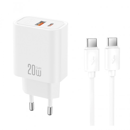 Universal φορτιστής με 2 εξόδους, 1x USB-A & 1x USB-C, 20W με αποσπώμενο καλώδιο USB type-C σε λευκό χρώμα Universal φορτιστής με 2 εξόδους, 1x USB-A & 1x USB-C, 20W με αποσπώμενο καλώδιο USB type-C σε λευκό χρώμα