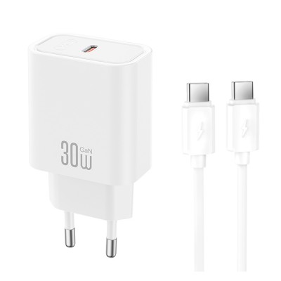 Universal φορτιστής USB-C, PD30W κι αποσπώμενο καλώδιο USB type-C σε USB type-C σε λευκό χρώμα Universal φορτιστής USB-C, PD30W κι αποσπώμενο καλώδιο USB type-C σε USB type-C σε λευκό χρώμα