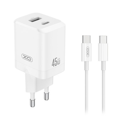 Universal φορτιστής GaN με 2 εξόδους 1xUSB-A & 1xUSB-C, PD45W και αποσπώμενο καλώδιο USB type-C σε λευκό χρώμα Universal φορτιστής GaN με 2 εξόδους 1xUSB-A & 1xUSB-C, PD45W και αποσπώμενο καλώδιο USB type-C σε λευκό χρώμα
