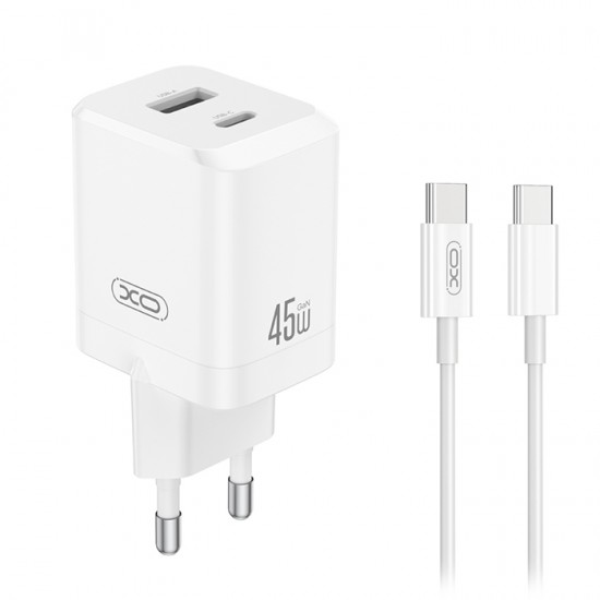 Universal φορτιστής GaN με 2 εξόδους 1xUSB-A & 1xUSB-C, PD45W και αποσπώμενο καλώδιο USB type-C σε λευκό χρώμα
