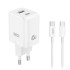 Universal φορτιστής GaN με 2 εξόδους 1xUSB-A & 1xUSB-C, PD45W και αποσπώμενο καλώδιο USB type-C σε λευκό χρώμα